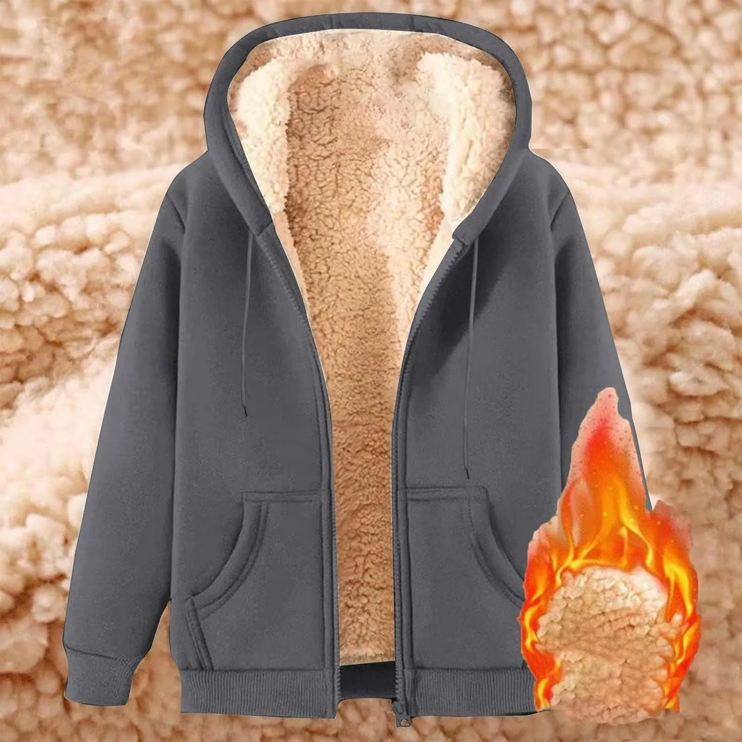 Unisex Women's Fleece Hoodie Jacket Cozy Sherpa Lined Zip Up Warm Hoodie Sweatshirt Winter Fluffy Sweater Hooded Coat