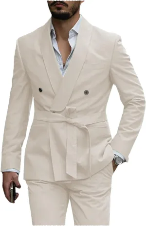 Uohzus Men's 2 Pieces Suit with Belt Casual Fashion Slim Linen Jacket and Pants