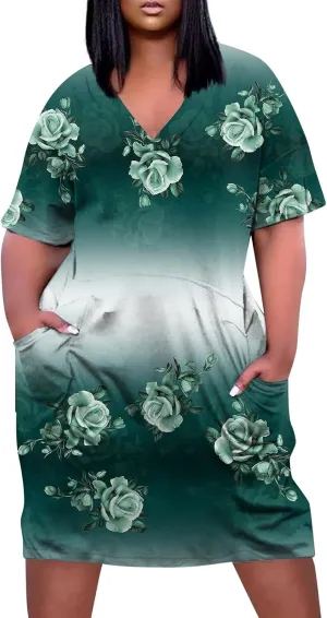 V-Neck Dress Ladies Loose Short Sleeve Trendy Knee Breathable Plus Size Women's Pocket Daily Dressy for Women