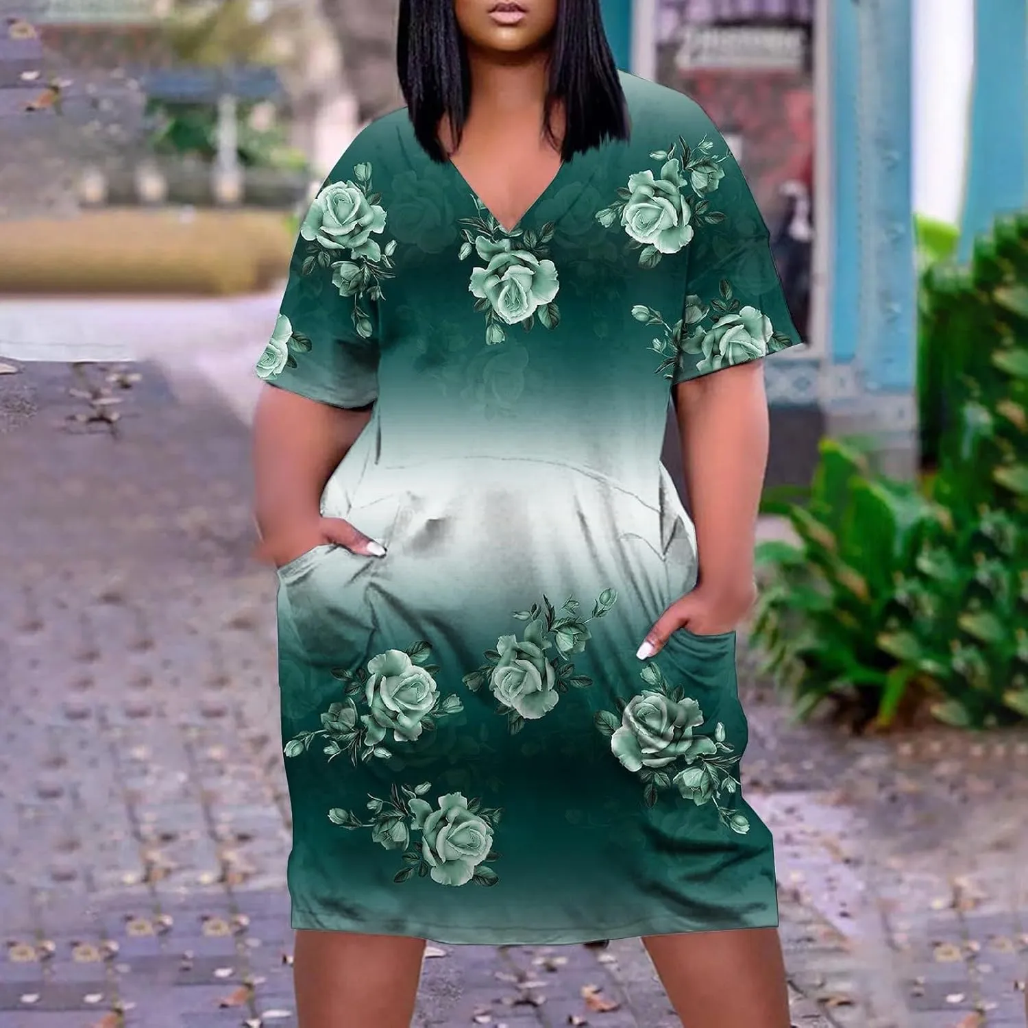 V-Neck Dress Ladies Loose Short Sleeve Trendy Knee Breathable Plus Size Women's Pocket Daily Dressy for Women