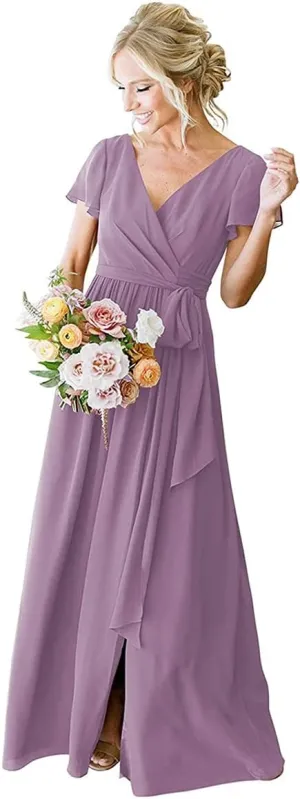 V Neck Short Sleeve Dusty Purple Bridesmaid Dress with Slit A Line Long Ruched Chiffon Formal Evening Gowns Size 8