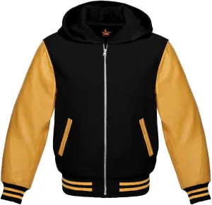Varsity Hoodie Baseball Letterman Bomber Wool & Genuine Yellow Gold Leather Sleeves Zipper Jacket
