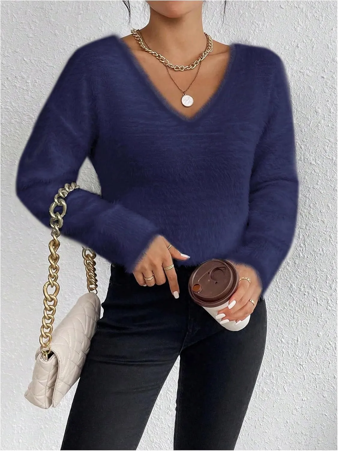 Verdusa Women's Fuzzy Sweater V Neck Drop Shoulder Long Sleeve Pullover Sweaters