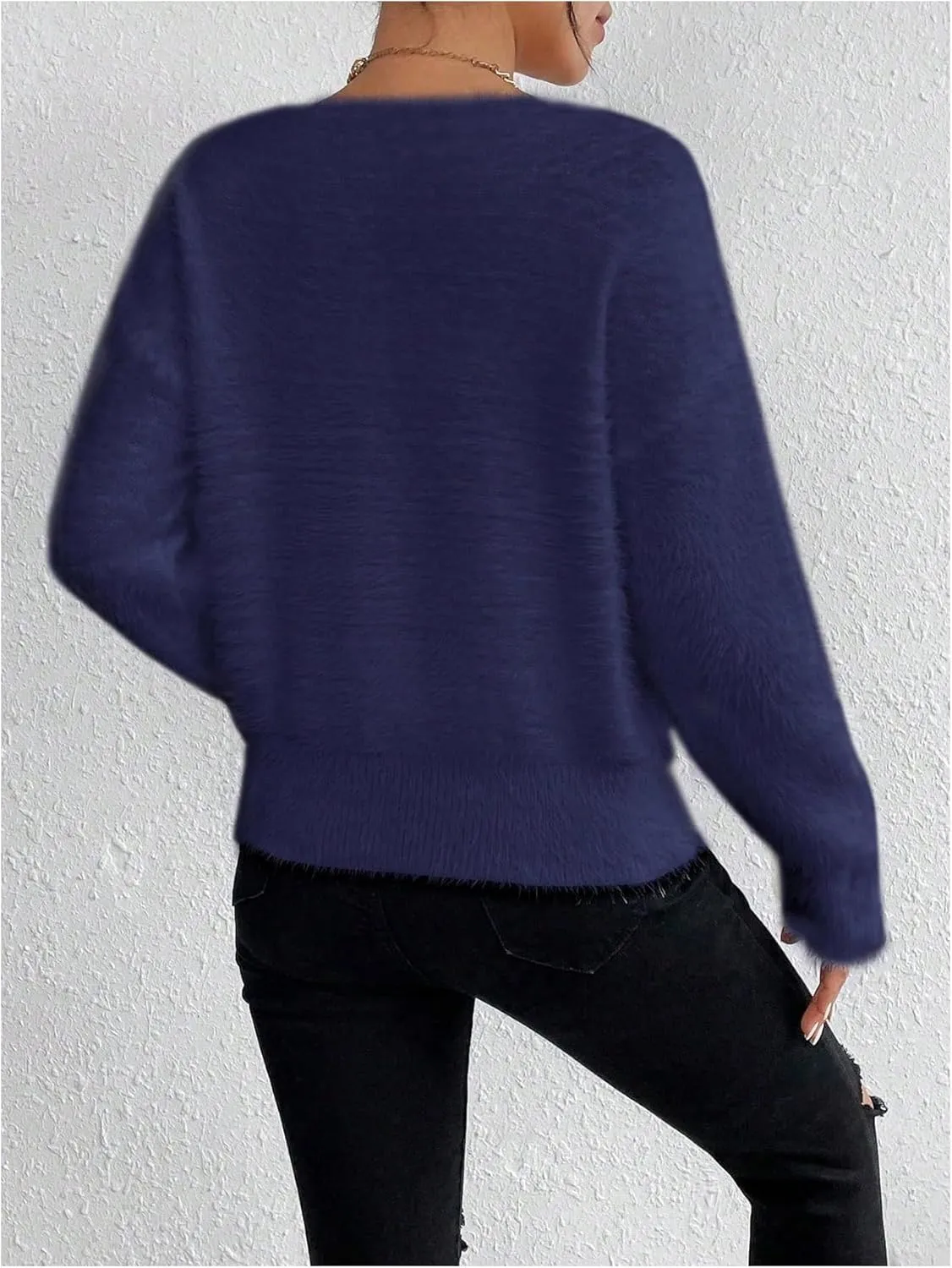 Verdusa Women's Fuzzy Sweater V Neck Drop Shoulder Long Sleeve Pullover Sweaters