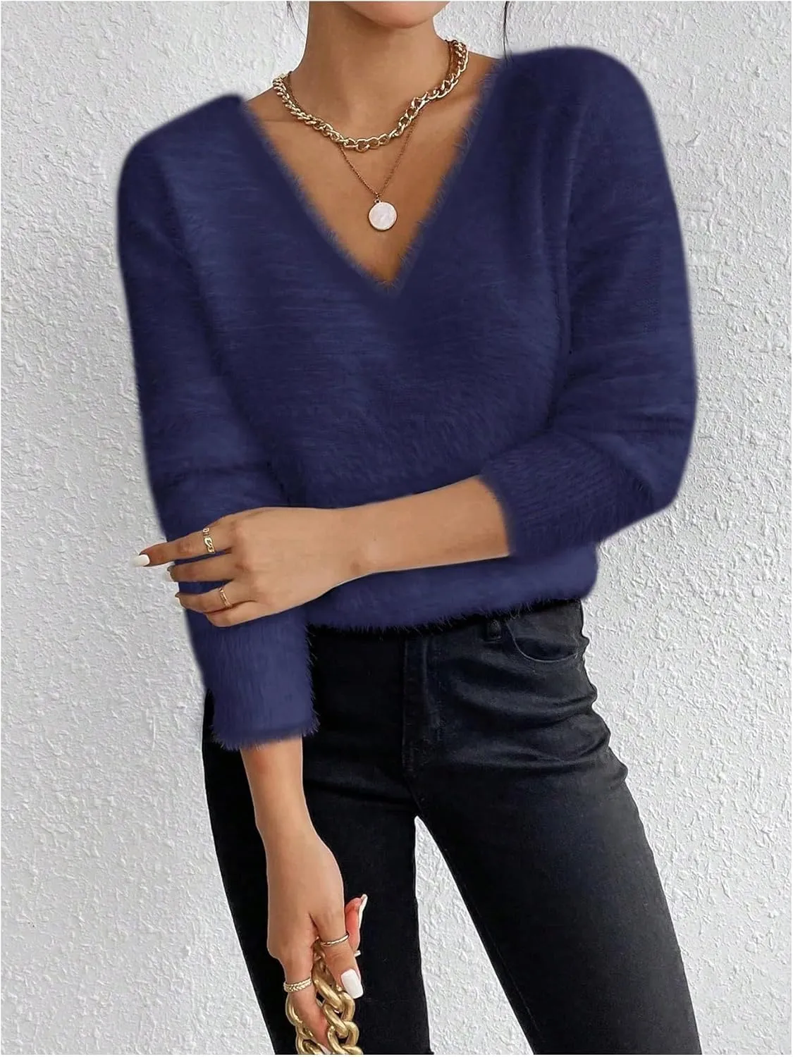 Verdusa Women's Fuzzy Sweater V Neck Drop Shoulder Long Sleeve Pullover Sweaters