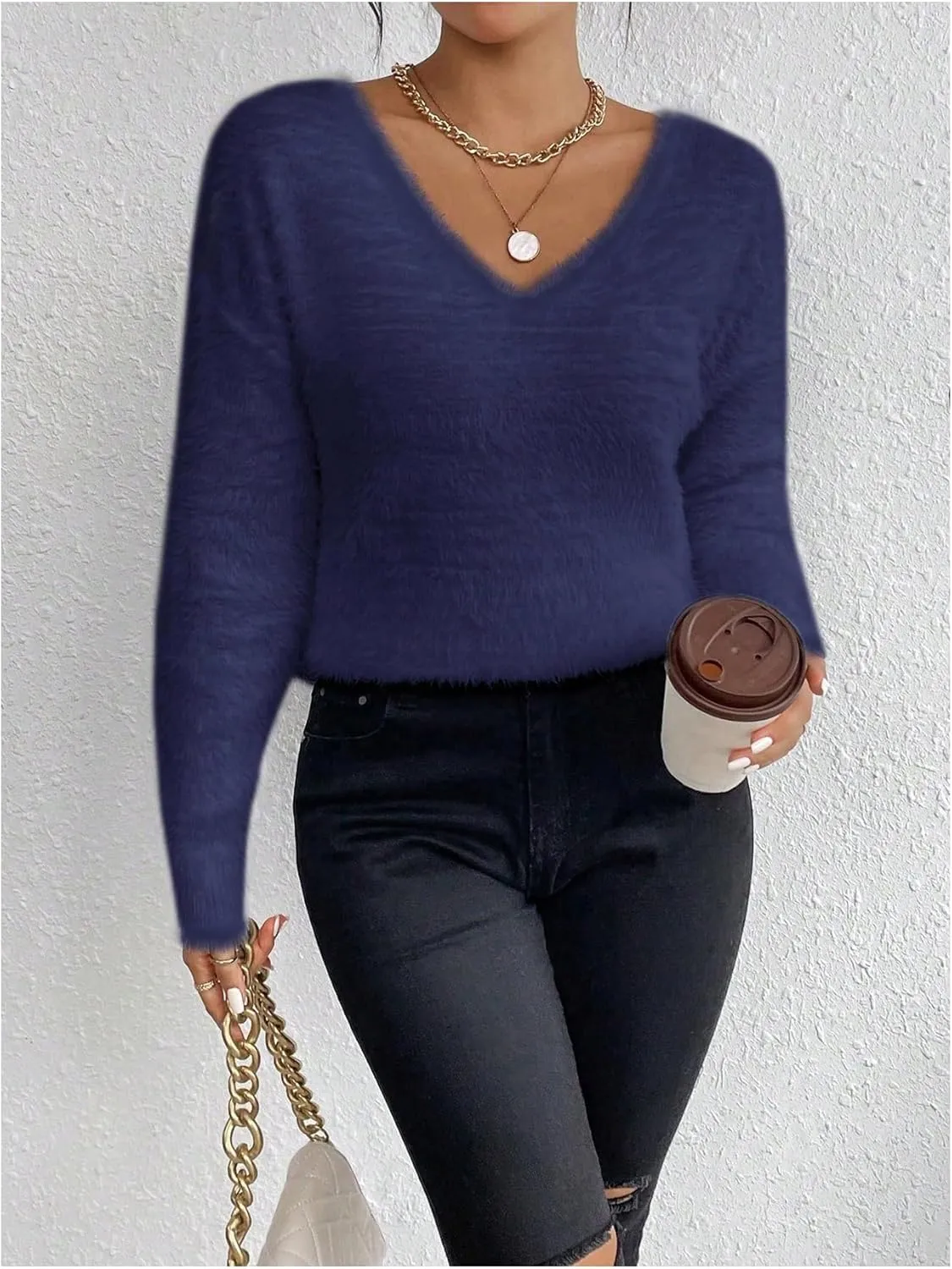 Verdusa Women's Fuzzy Sweater V Neck Drop Shoulder Long Sleeve Pullover Sweaters