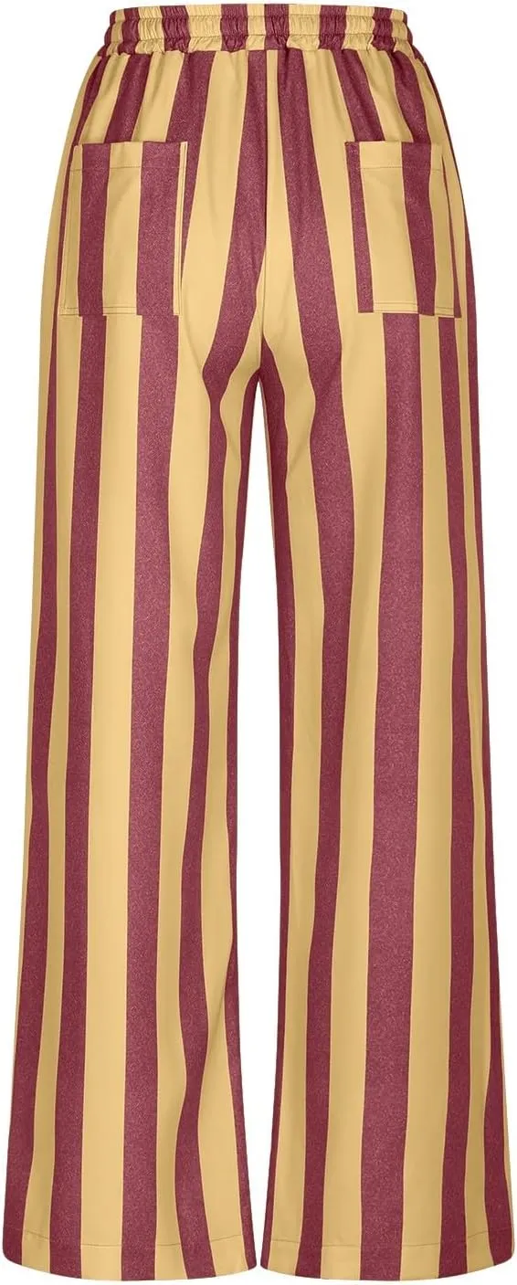 Vertical Striped Wide Leg Pants Womens Vintage High Waist Loungewear Pant Fashion Casual Loose Fit Pocketed Trousers