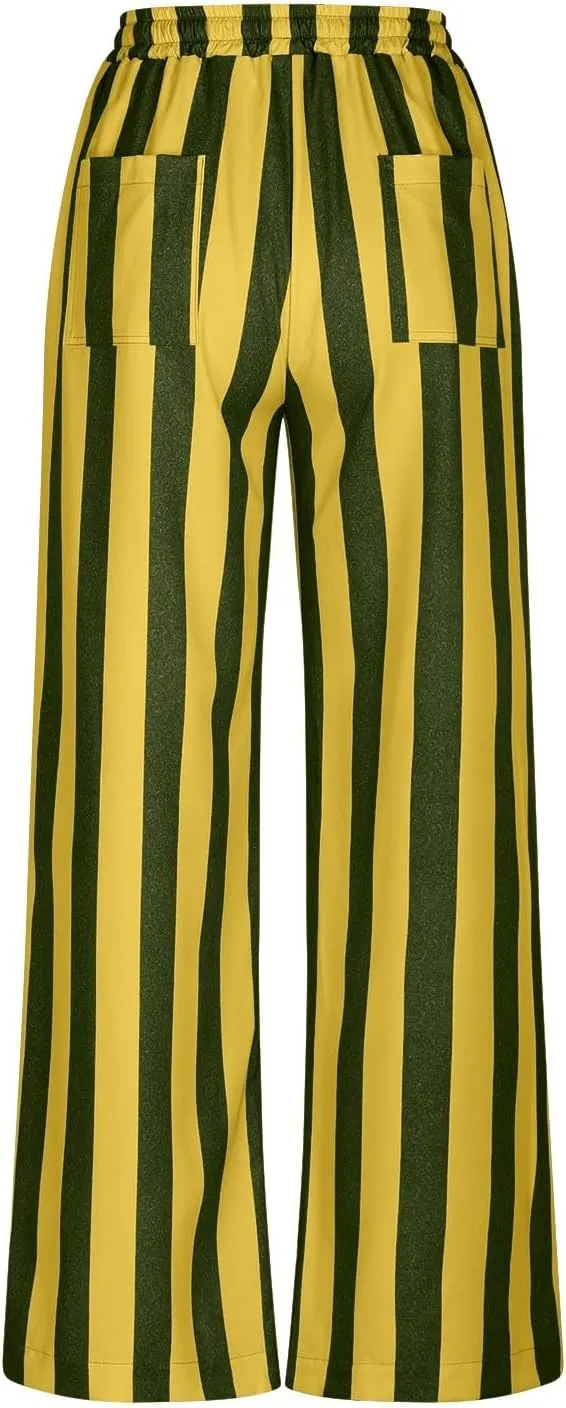 Vertical Striped Wide Leg Pants Womens Vintage High Waist Loungewear Pant Fashion Casual Loose Fit Pocketed Trousers