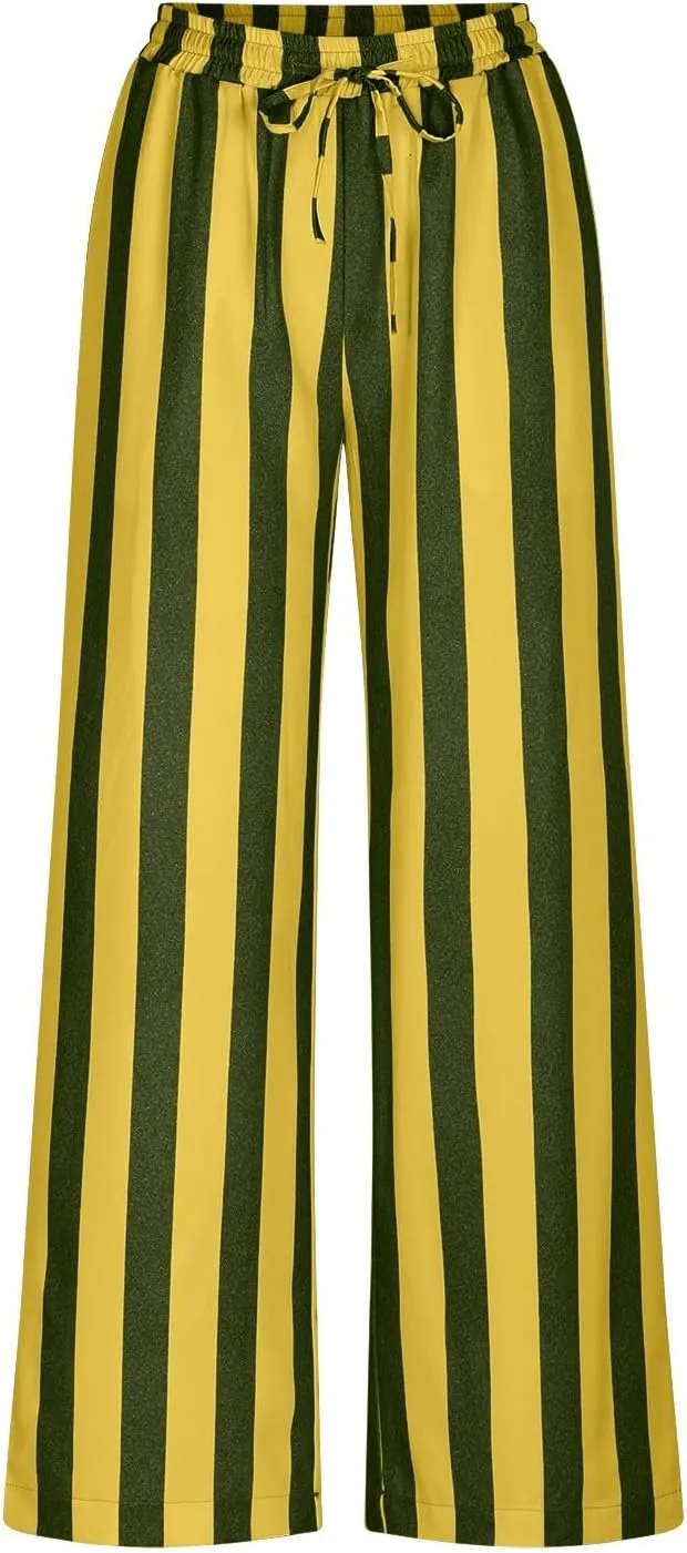 Vertical Striped Wide Leg Pants Womens Vintage High Waist Loungewear Pant Fashion Casual Loose Fit Pocketed Trousers