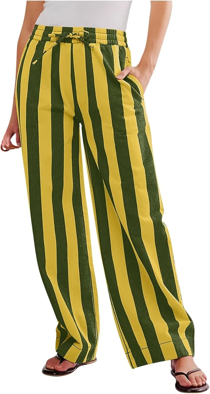 Vertical Striped Wide Leg Pants Womens Vintage High Waist Loungewear Pant Fashion Casual Loose Fit Pocketed Trousers