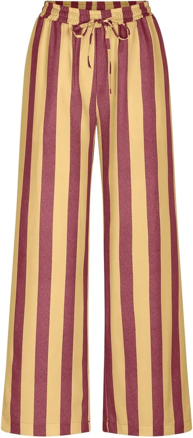 Vertical Striped Wide Leg Pants Womens Vintage High Waist Loungewear Pant Fashion Casual Loose Fit Pocketed Trousers