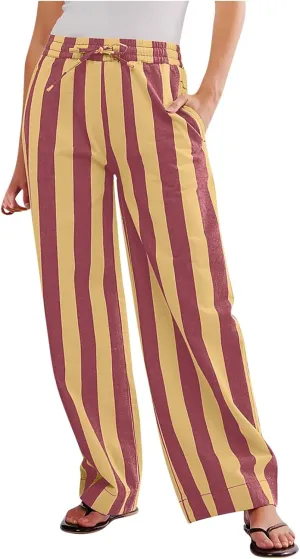 Vertical Striped Wide Leg Pants Womens Vintage High Waist Loungewear Pant Fashion Casual Loose Fit Pocketed Trousers