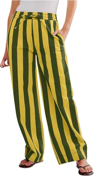 Vertical Striped Wide Leg Pants Womens Vintage High Waist Loungewear Pant Fashion Casual Loose Fit Pocketed Trousers