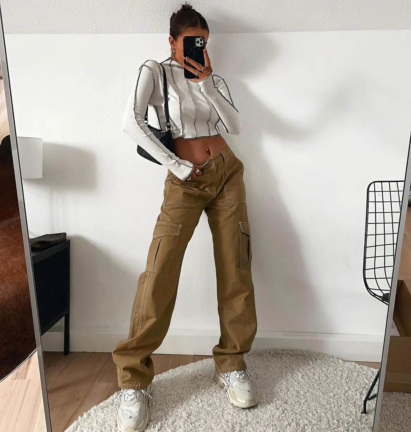 Viatabuna Women's High Waist Straight Leg Y2K Streetwear Cargo Pants Baggy Boyfriend Jeans with Pocket