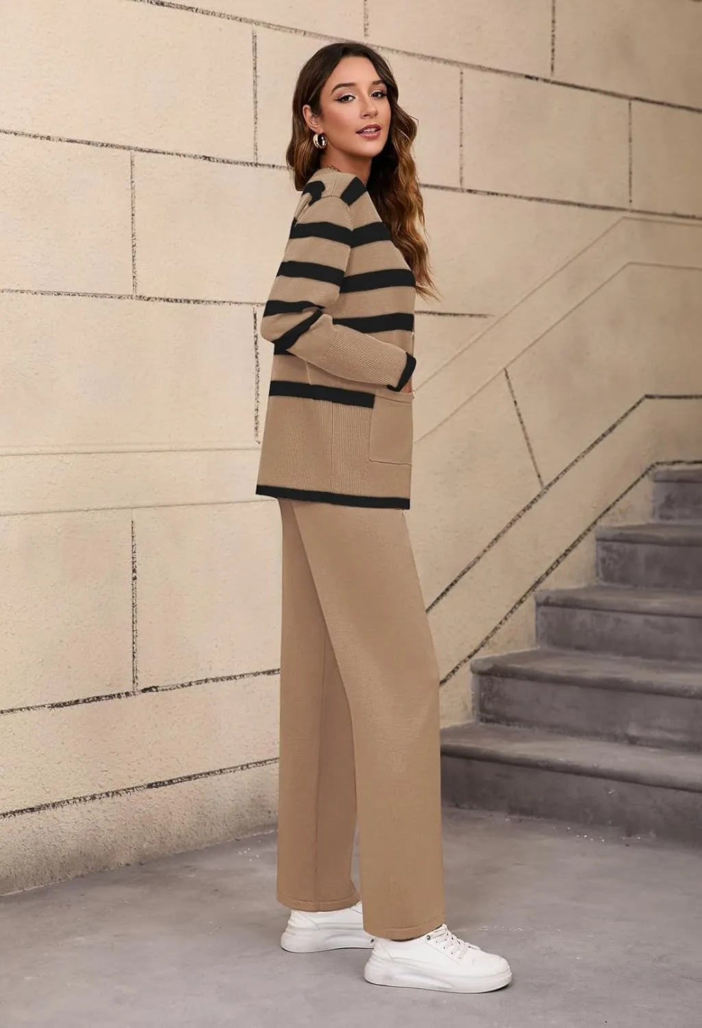 Viottiset Women's 2 Piece Outfits Stripe Sweatsuit Set Long Sleeve Button Sweatshirt Wide Leg Sweatpants Lounge Set