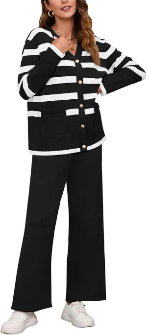 Viottiset Women's 2 Piece Outfits Stripe Sweatsuit Set Long Sleeve Button Sweatshirt Wide Leg Sweatpants Lounge Set