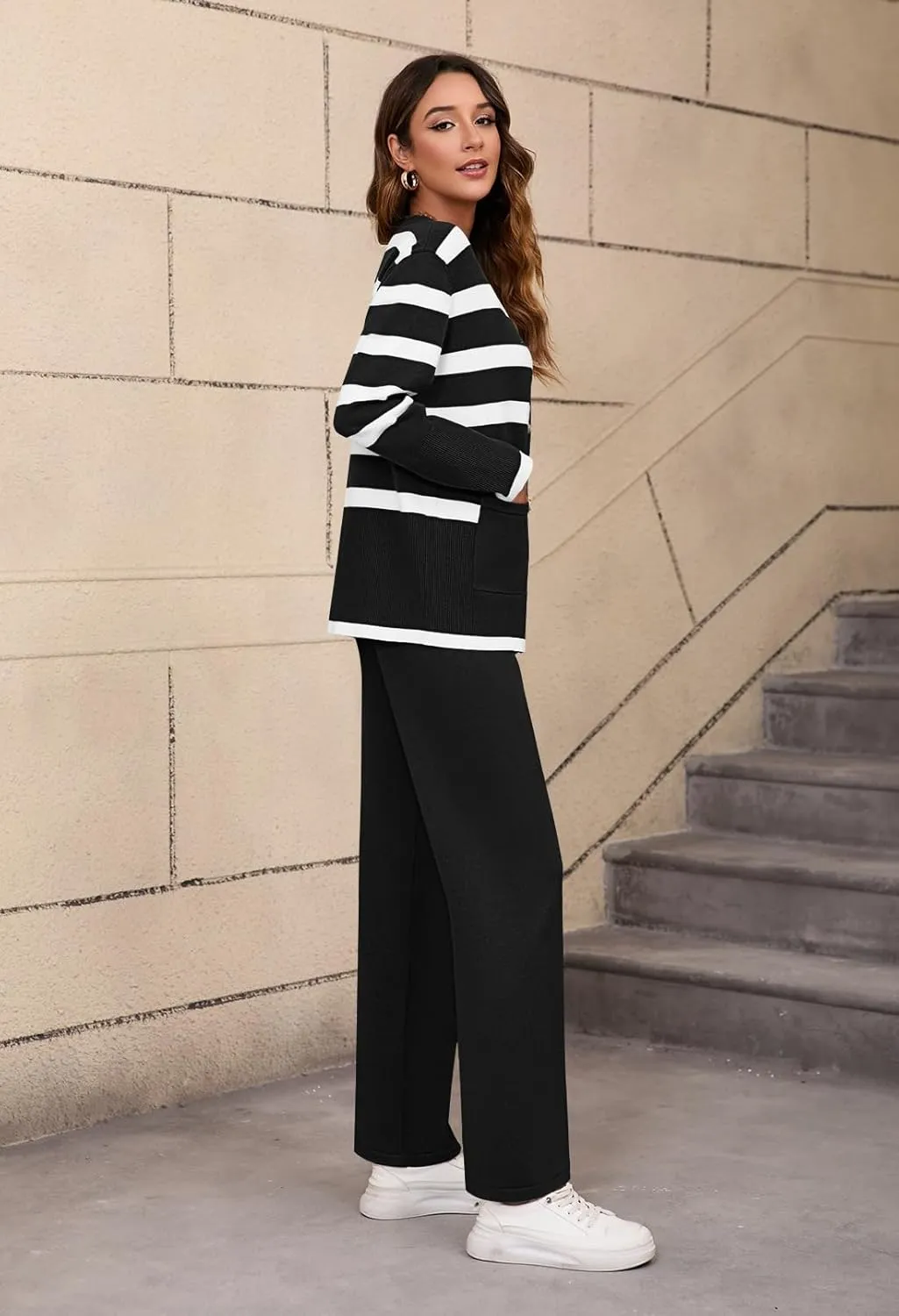 Viottiset Women's 2 Piece Outfits Stripe Sweatsuit Set Long Sleeve Button Sweatshirt Wide Leg Sweatpants Lounge Set