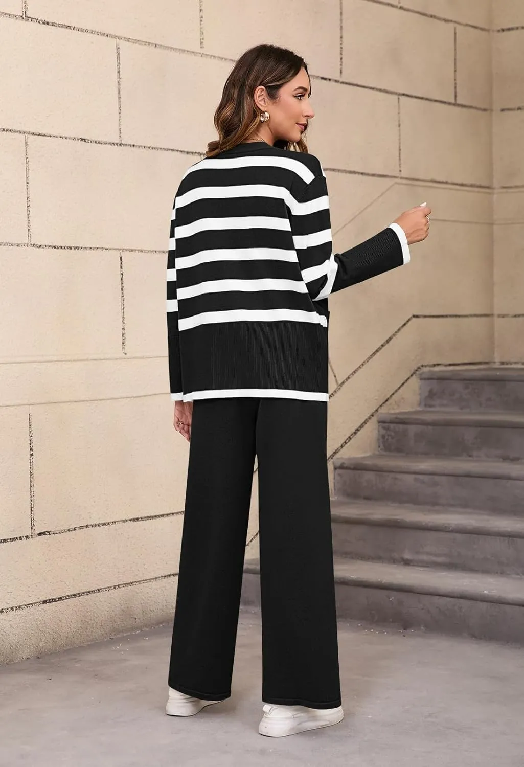 Viottiset Women's 2 Piece Outfits Stripe Sweatsuit Set Long Sleeve Button Sweatshirt Wide Leg Sweatpants Lounge Set