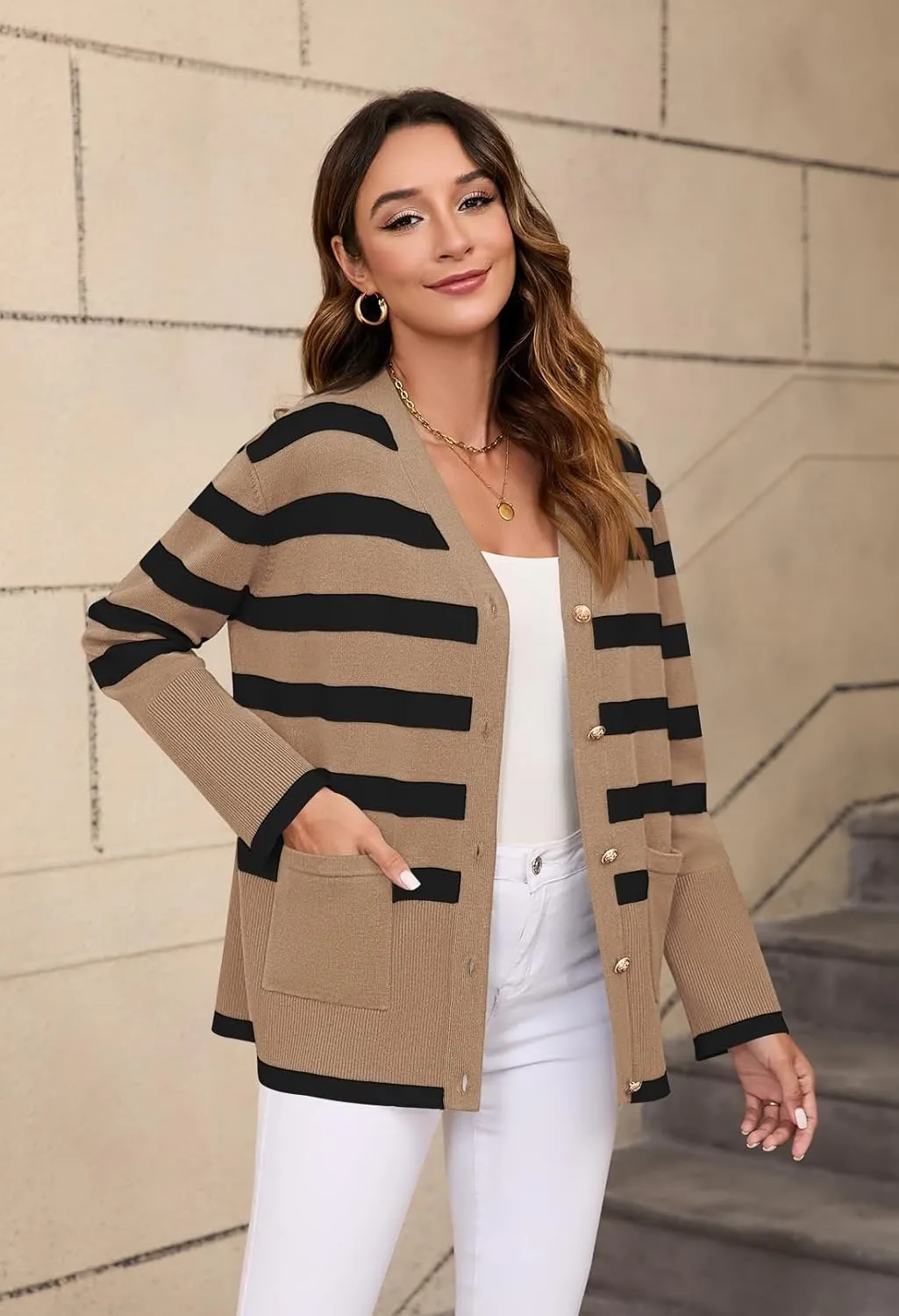 Viottiset Women's 2 Piece Outfits Stripe Sweatsuit Set Long Sleeve Button Sweatshirt Wide Leg Sweatpants Lounge Set