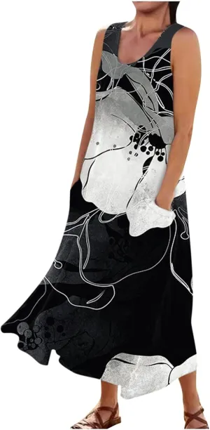 WANZZXCSL Women's Summer Cotton Linen Long Dress Sleeveless Trendy Flowy Dresses Plus Size Loose Comfy Dress with Pockets