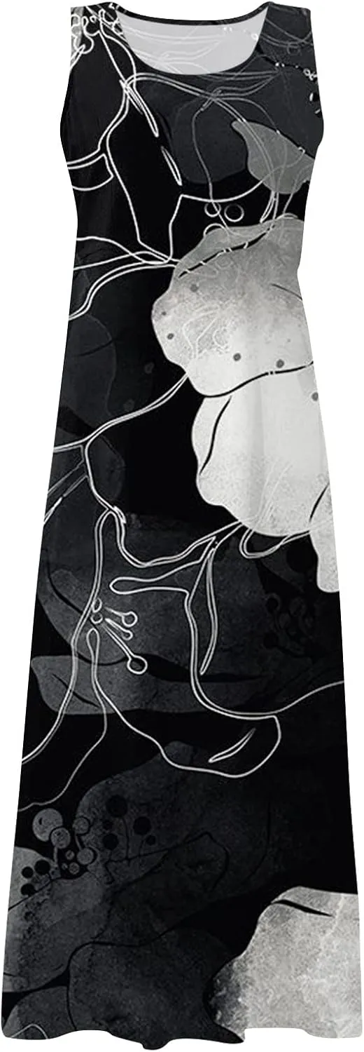WANZZXCSL Women's Summer Cotton Linen Long Dress Sleeveless Trendy Flowy Dresses Plus Size Loose Comfy Dress with Pockets