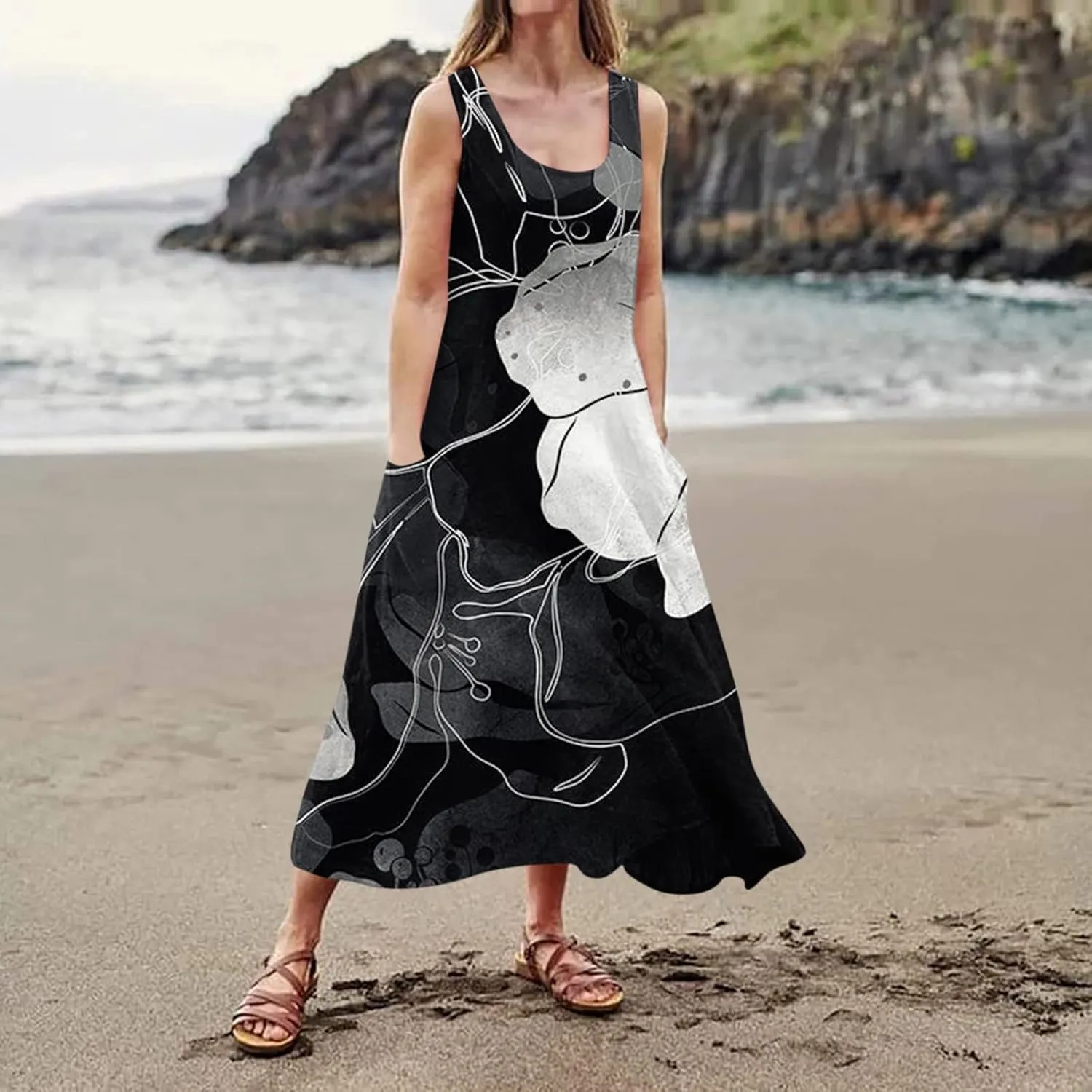 WANZZXCSL Women's Summer Cotton Linen Long Dress Sleeveless Trendy Flowy Dresses Plus Size Loose Comfy Dress with Pockets