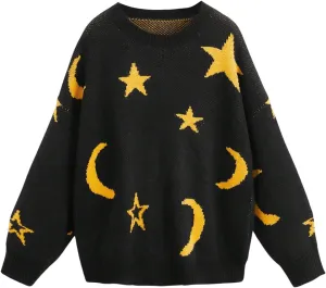 WDIRARA Women's Star Moon Print Long Sleeve Sweater Round Neck Knitted Pullovers Top
