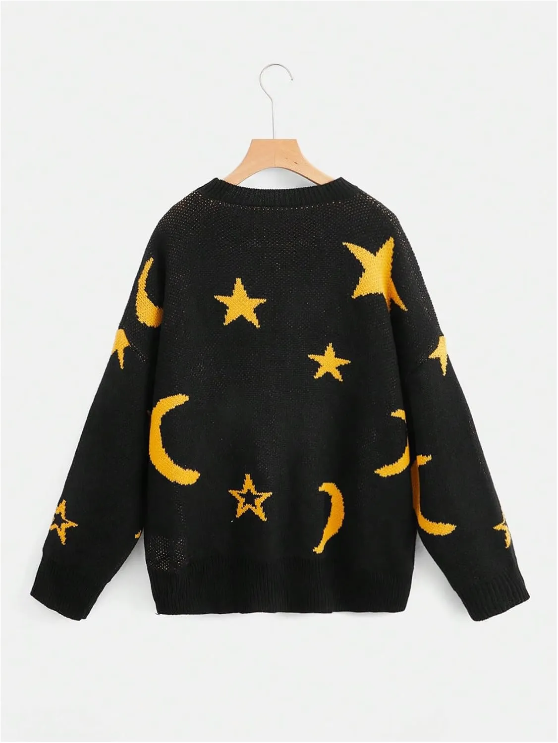 WDIRARA Women's Star Moon Print Long Sleeve Sweater Round Neck Knitted Pullovers Top