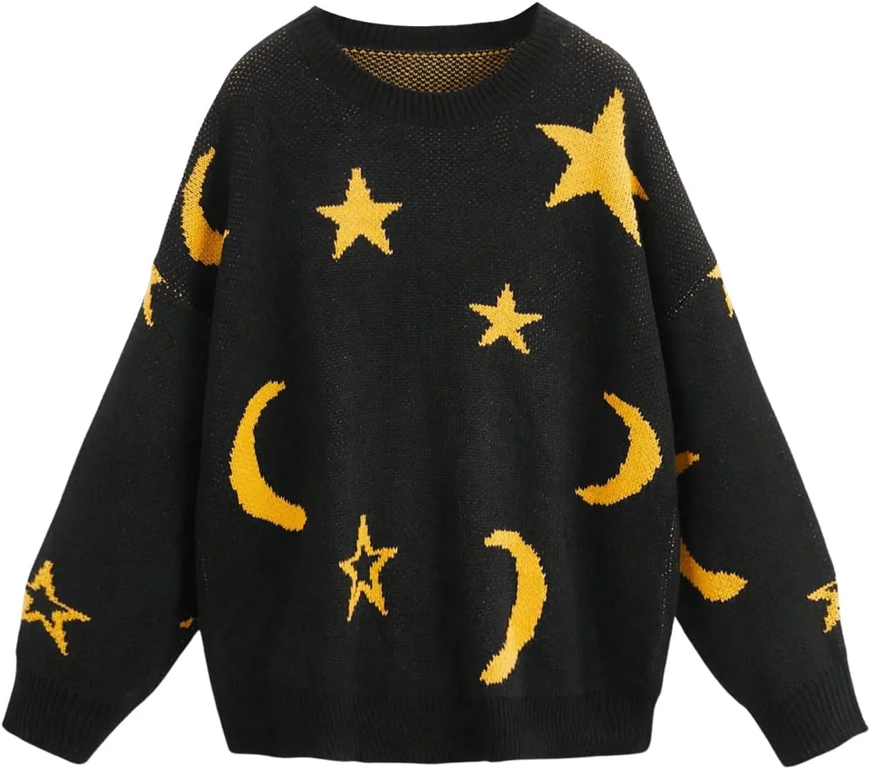 WDIRARA Women's Star Moon Print Long Sleeve Sweater Round Neck Knitted Pullovers Top
