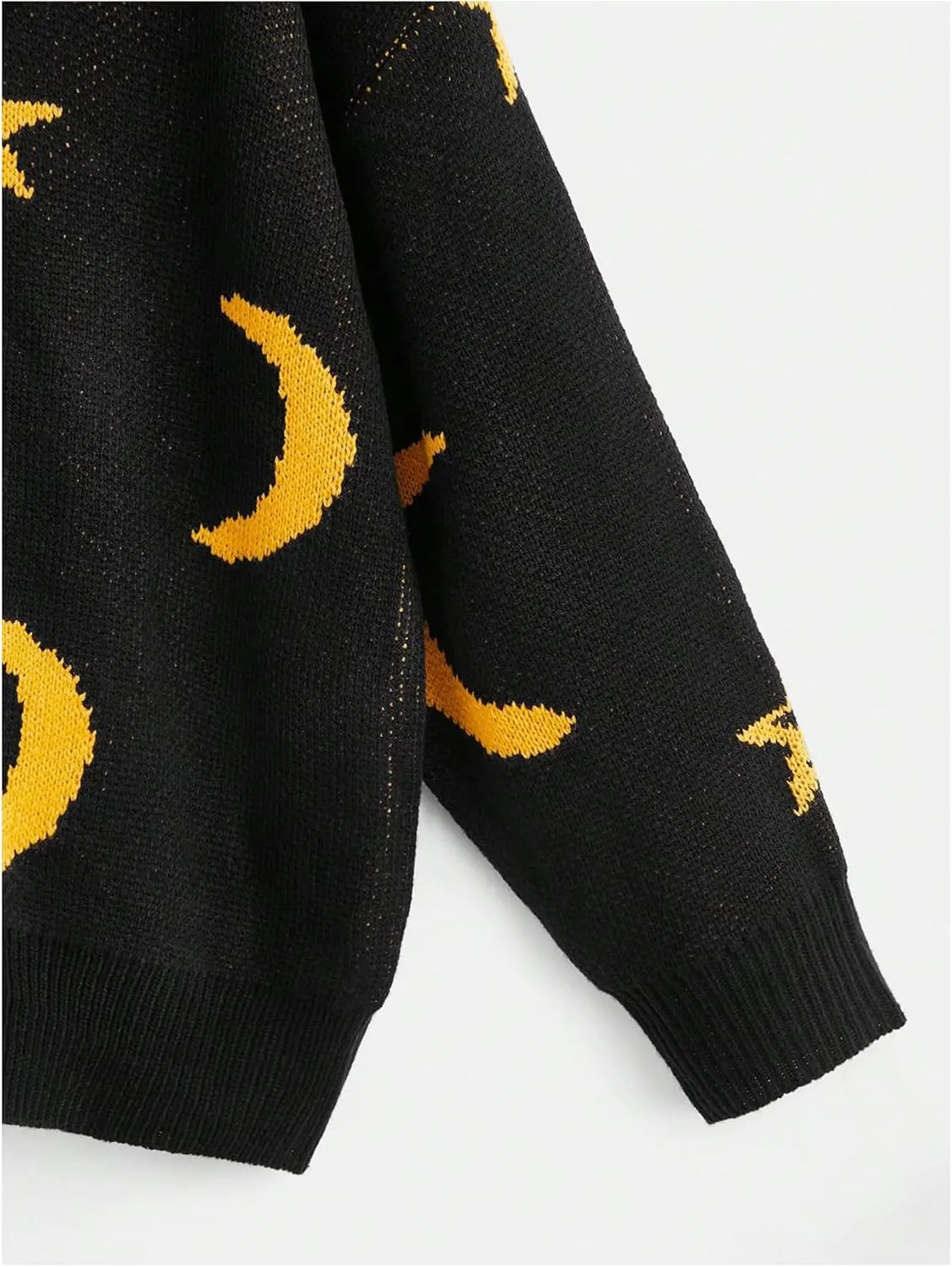 WDIRARA Women's Star Moon Print Long Sleeve Sweater Round Neck Knitted Pullovers Top