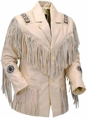 Western Cowboy Leather Fashion Jacket For Mens Fringe & Beaded Native American Coat