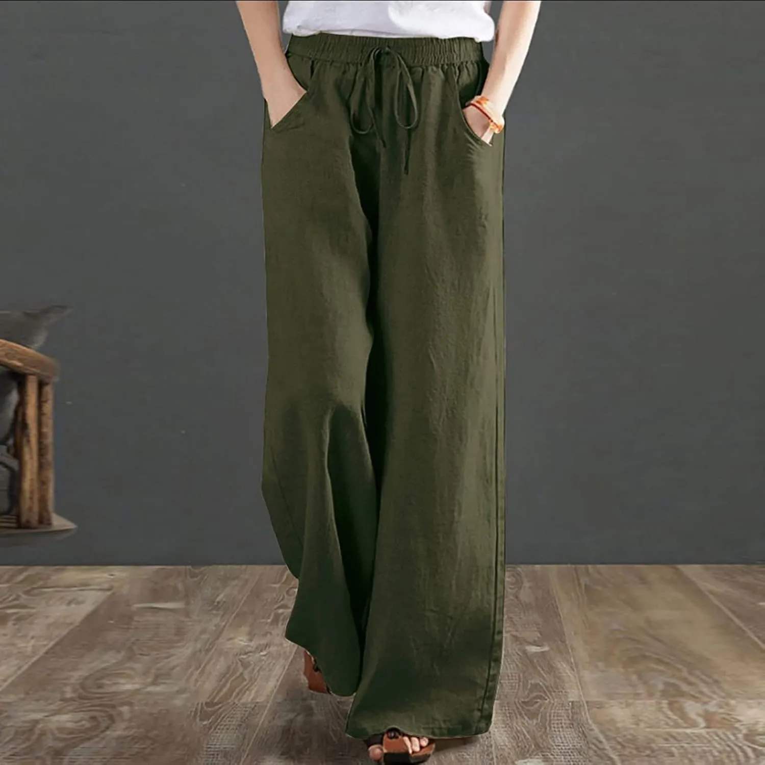 Wide Leg Palazzo Pants for Women Dressy Casual 2024 Cotton Linen Flowy Pants Summer Beach High Waist Long Trousers