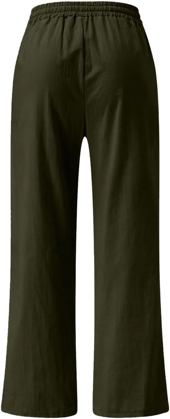 Wide Leg Palazzo Pants for Women Dressy Casual 2024 Cotton Linen Flowy Pants Summer Beach High Waist Long Trousers