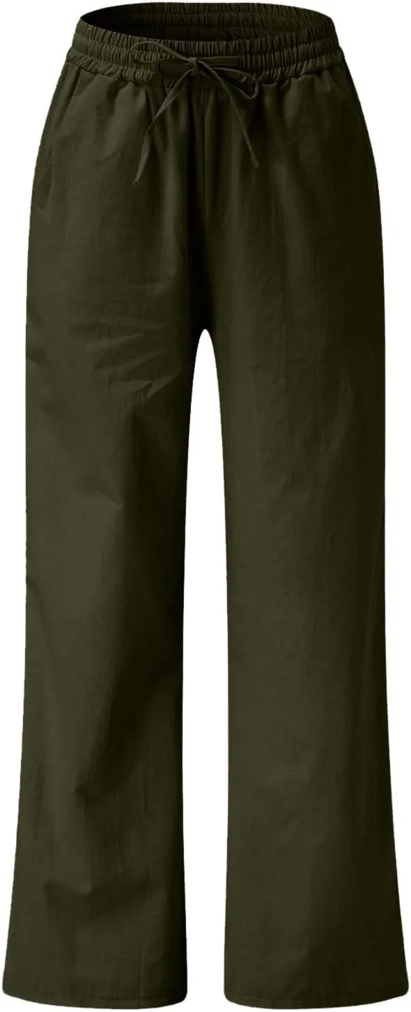 Wide Leg Palazzo Pants for Women Dressy Casual 2024 Cotton Linen Flowy Pants Summer Beach High Waist Long Trousers