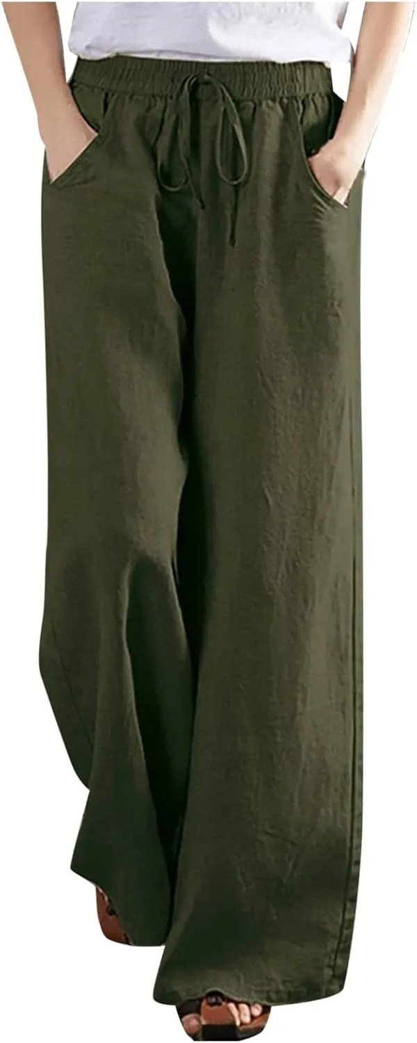 Wide Leg Palazzo Pants for Women Dressy Casual 2024 Cotton Linen Flowy Pants Summer Beach High Waist Long Trousers