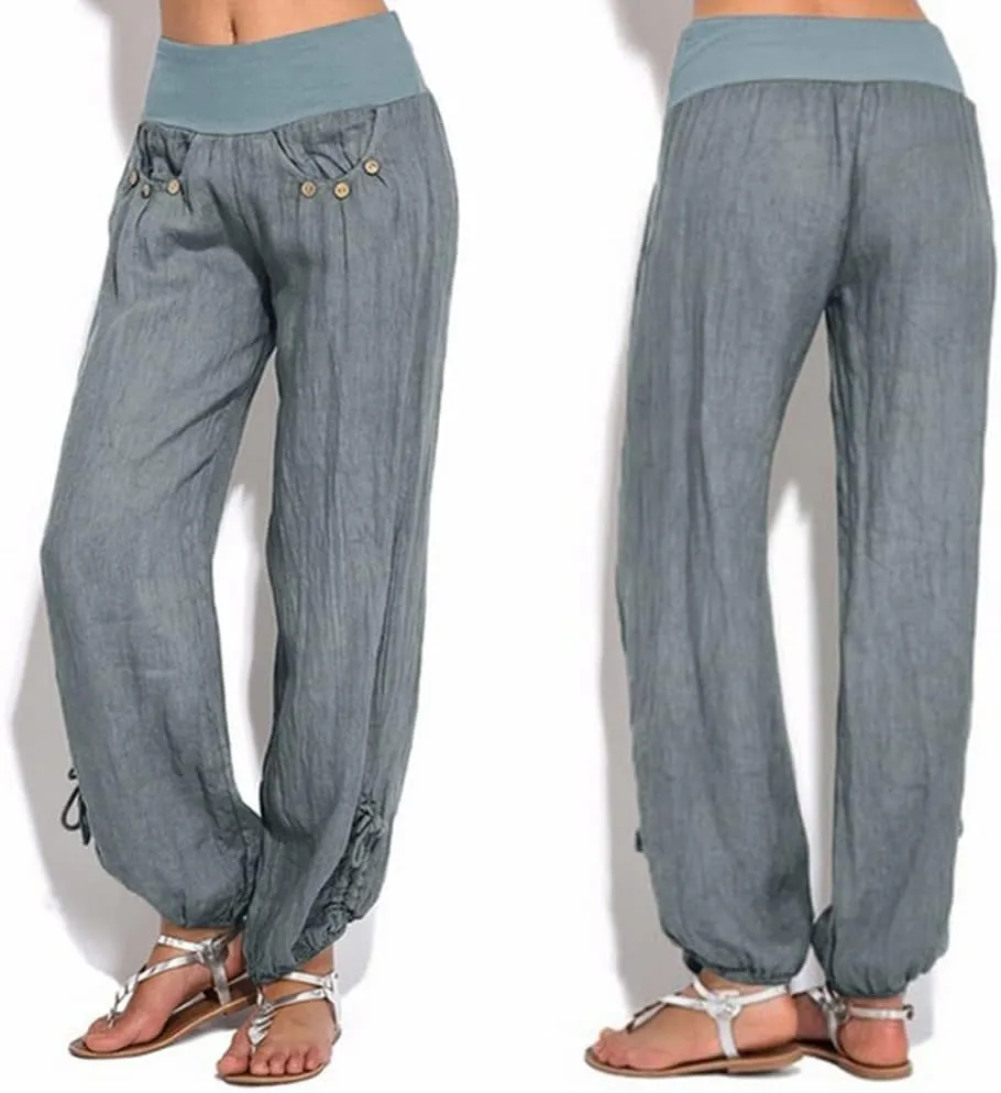 Wide Leg Pants for Womens Summer Linen Light Weight Fashion Trousers Loose High Waist Elastic Pants with Pockets