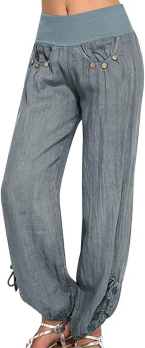Wide Leg Pants for Womens Summer Linen Light Weight Fashion Trousers Loose High Waist Elastic Pants with Pockets