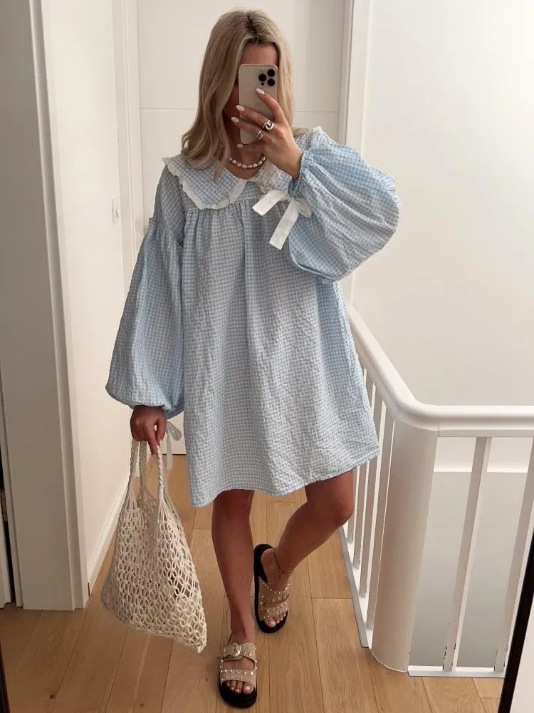 Women Babydoll Flowy Mini Dress Puff Sleeve Plaid Print Short Dress Cute Gingham Ruffle Swing Boho Sundress