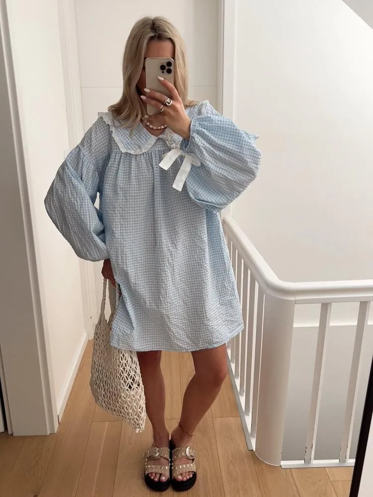 Women Babydoll Flowy Mini Dress Puff Sleeve Plaid Print Short Dress Cute Gingham Ruffle Swing Boho Sundress