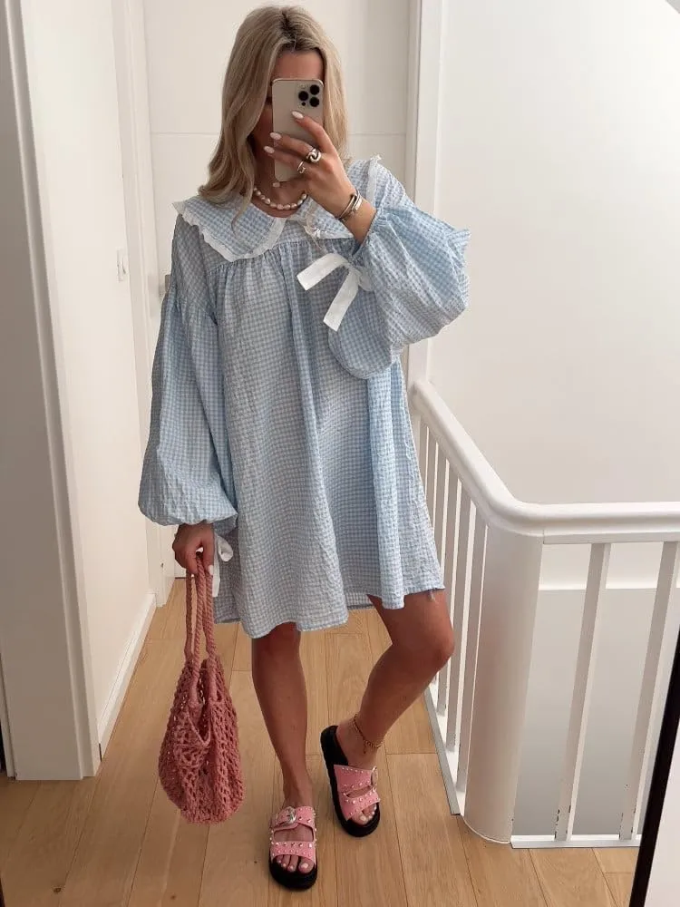 Women Babydoll Flowy Mini Dress Puff Sleeve Plaid Print Short Dress Cute Gingham Ruffle Swing Boho Sundress