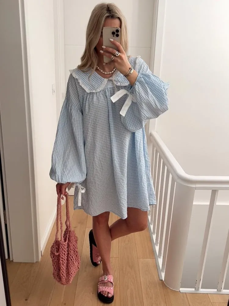 Women Babydoll Flowy Mini Dress Puff Sleeve Plaid Print Short Dress Cute Gingham Ruffle Swing Boho Sundress