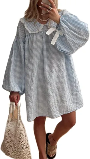 Women Babydoll Flowy Mini Dress Puff Sleeve Plaid Print Short Dress Cute Gingham Ruffle Swing Boho Sundress