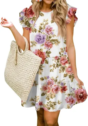 Women Babydoll Summer Casual Crew Neck Ruffle Sleeve Sleeveless Flowy Mini Short Tunic Dress Floral Print Pleated Dress1-Pink,Medium