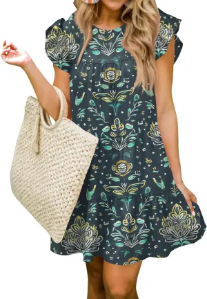 Women Babydoll Summer Casual Crew Neck Ruffle Sleeve Sleeveless Flowy Mini Short Tunic Dress Floral Print Pleated Dress2-Black,Small
