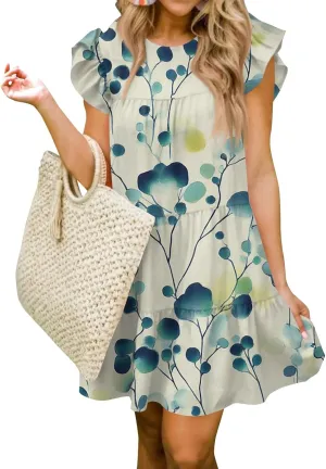 Women Babydoll Summer Casual Crew Neck Ruffle Sleeve Sleeveless Flowy Mini Short Tunic Dress Floral Print Pleated Dress2-Light Blue,Medium