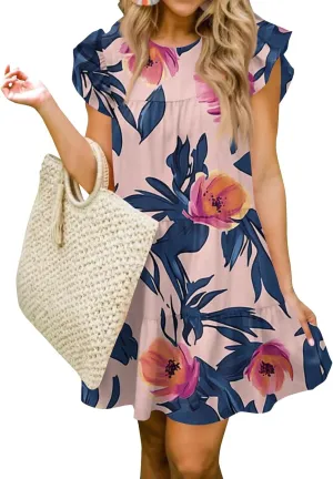 Women Babydoll Summer Casual Crew Neck Ruffle Sleeve Sleeveless Flowy Mini Short Tunic Dress Floral Print Pleated Dress2-Pink,Medium