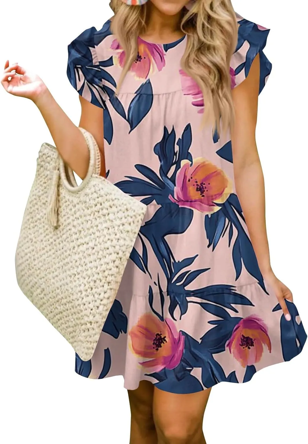 Women Babydoll Summer Casual Crew Neck Ruffle Sleeve Sleeveless Flowy Mini Short Tunic Dress Floral Print Pleated Dress2-Pink,Medium