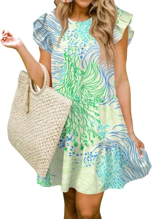 Women Babydoll Summer Casual Crew Neck Ruffle Sleeve Sleeveless Flowy Mini Short Tunic Dress Floral Print Pleated Dress5-Green,Large