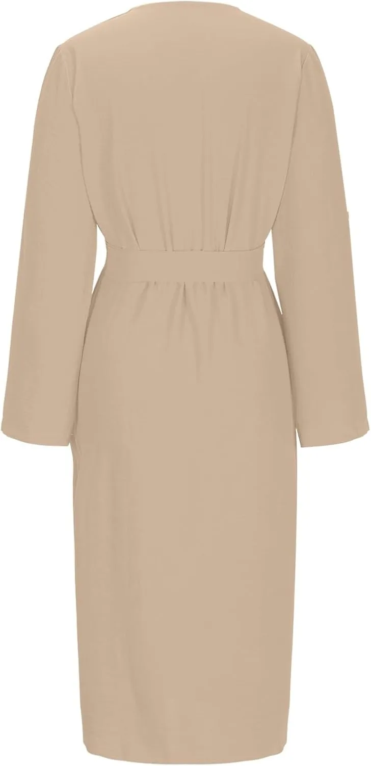 Women Button Down Midi Pencil Dress Long Sleeve V Neck Office Sheath Dress Elegant Belted Ruched Slim Teacher Dress
