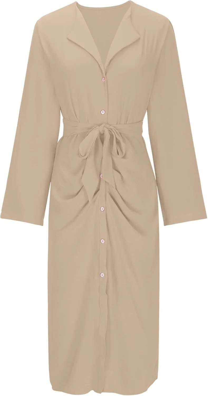 Women Button Down Midi Pencil Dress Long Sleeve V Neck Office Sheath Dress Elegant Belted Ruched Slim Teacher Dress
